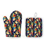 Parrot And Flower Pattern Print Oven Mitt And Pot Holder Set