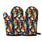 Parrot And Flower Pattern Print Oven Mitts