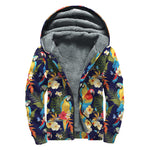 Parrot And Flower Pattern Print Sherpa Lined Zip Up Hoodie