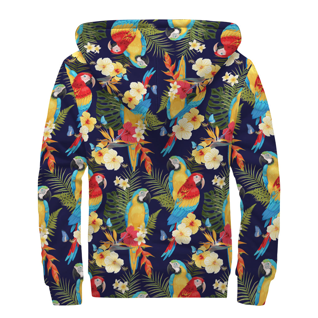 Parrot And Flower Pattern Print Sherpa Lined Zip Up Hoodie