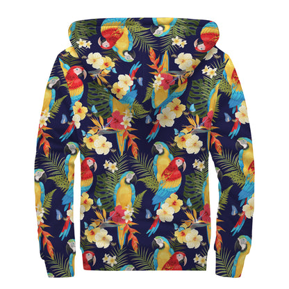 Parrot And Flower Pattern Print Sherpa Lined Zip Up Hoodie