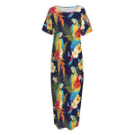 Parrot And Flower Pattern Print Short Sleeve Long Nightdress