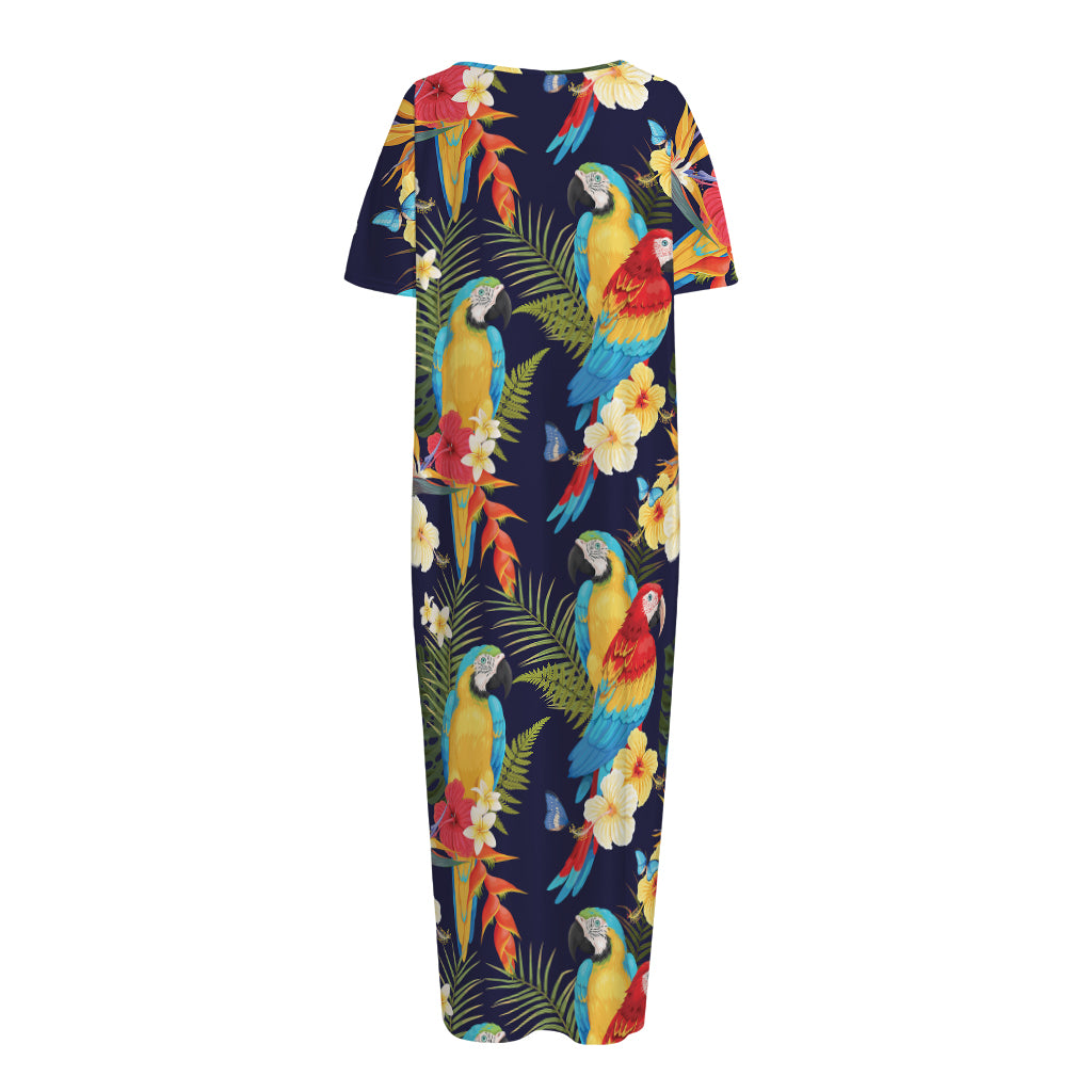 Parrot And Flower Pattern Print Short Sleeve Long Nightdress