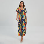 Parrot And Flower Pattern Print Short Sleeve Maxi Dress
