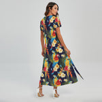 Parrot And Flower Pattern Print Short Sleeve Maxi Dress