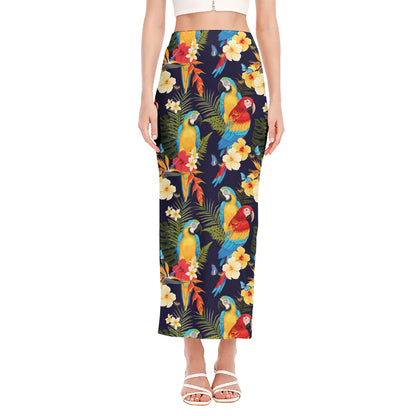 Parrot And Flower Pattern Print Side Slit Maxi Skirt