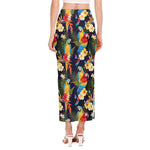 Parrot And Flower Pattern Print Side Slit Maxi Skirt