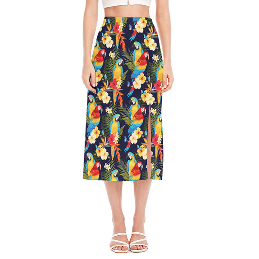 Parrot And Flower Pattern Print Side Slit Midi Skirt