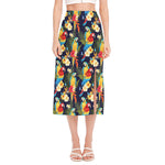 Parrot And Flower Pattern Print Side Slit Midi Skirt