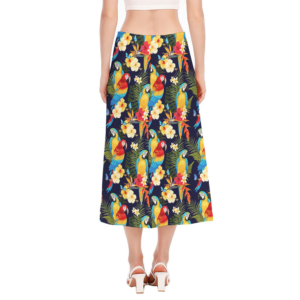Parrot And Flower Pattern Print Side Slit Midi Skirt