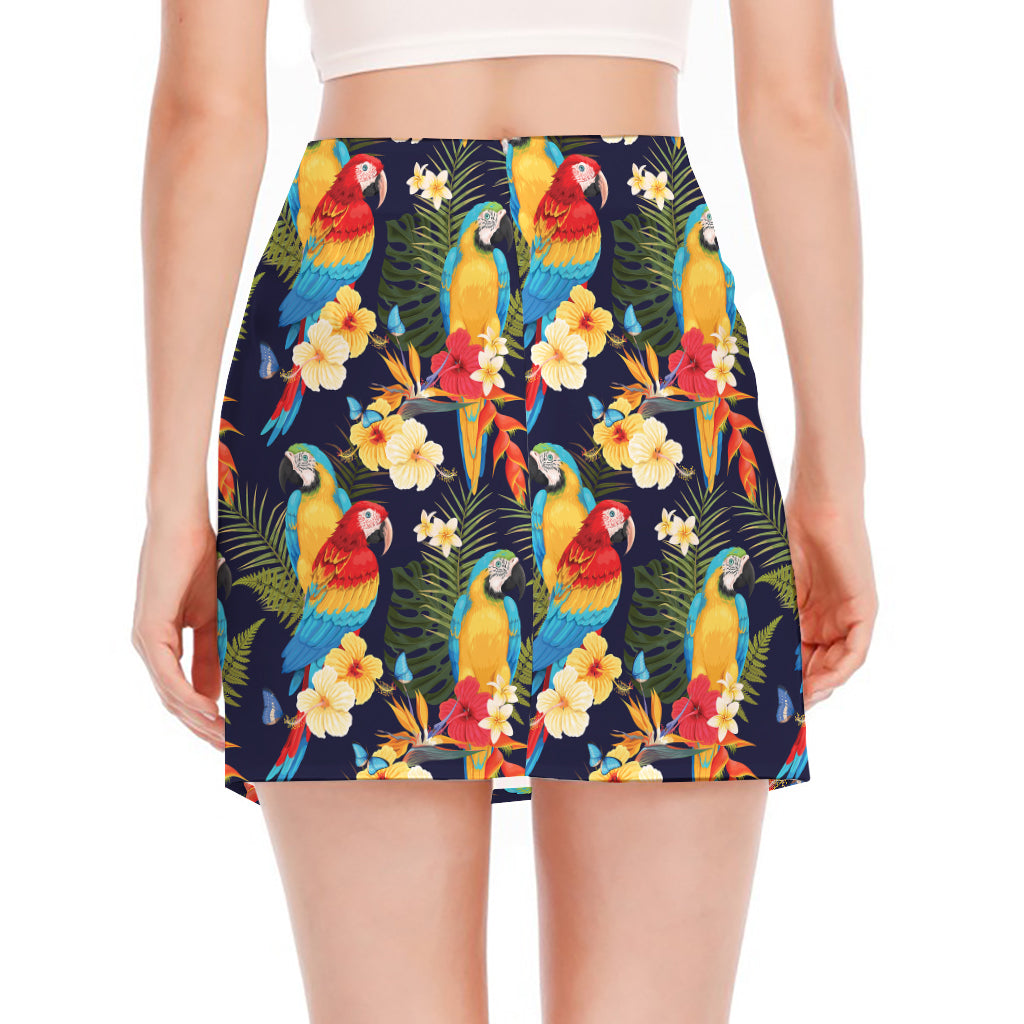 Parrot And Flower Pattern Print Side Slit Mini Skirt