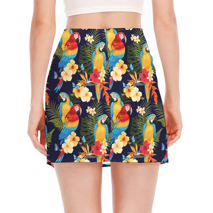 Parrot And Flower Pattern Print Side Slit Mini Skirt