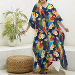 Parrot And Flower Pattern Print Silk V-Neck Kaftan Dress