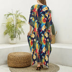 Parrot And Flower Pattern Print Silk V-Neck Kaftan Dress