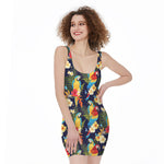 Parrot And Flower Pattern Print Sleeveless Bodycon Dress