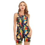 Parrot And Flower Pattern Print Sleeveless One Piece Swimsuit