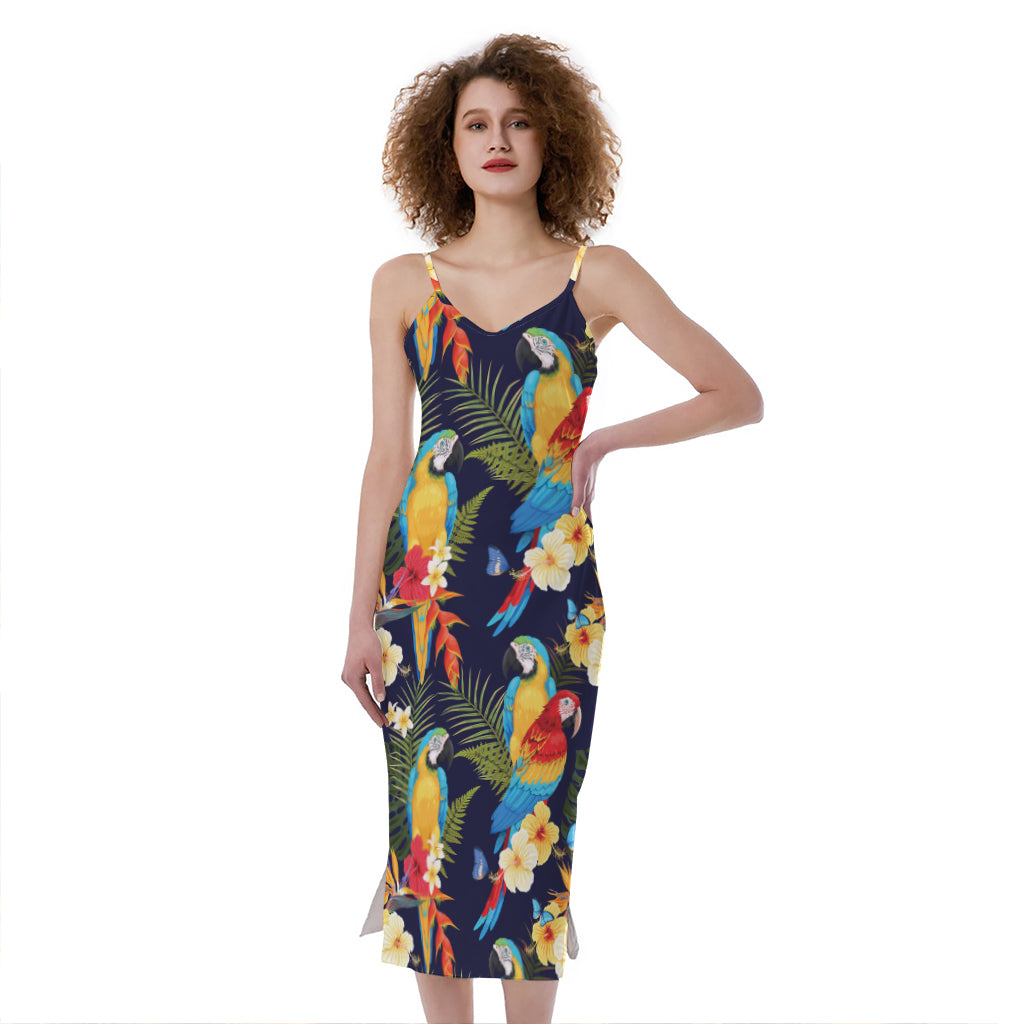 Parrot And Flower Pattern Print Slim Fit Midi Cami Dress
