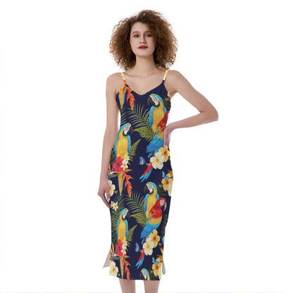 Parrot And Flower Pattern Print Slim Fit Midi Cami Dress