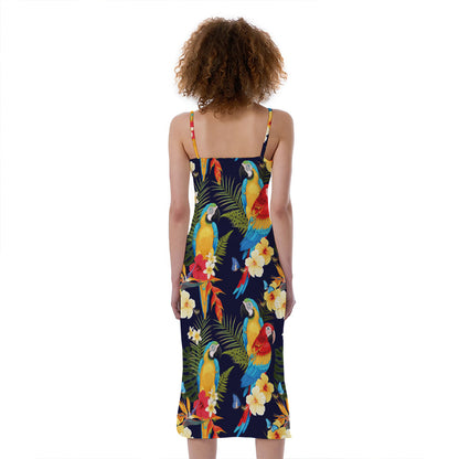 Parrot And Flower Pattern Print Slim Fit Midi Cami Dress