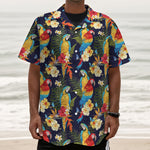 Parrot And Flower Pattern Print Textured Short Sleeve Shirt