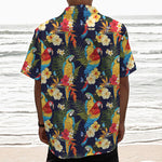 Parrot And Flower Pattern Print Textured Short Sleeve Shirt