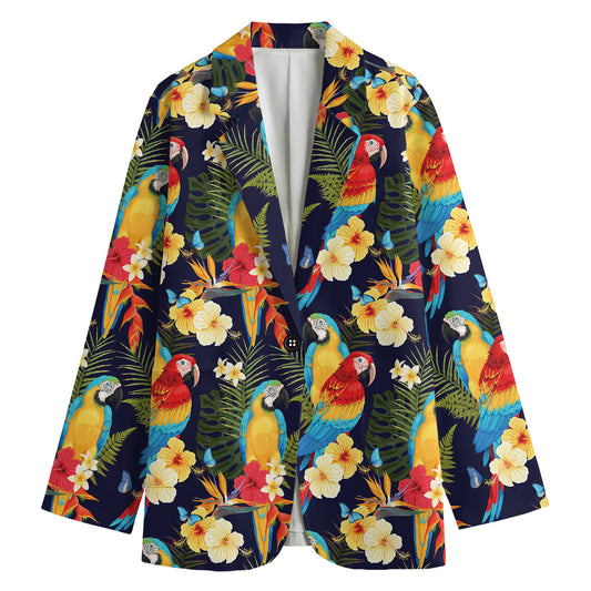 Parrot And Flower Pattern Print Women's Cotton Blazer