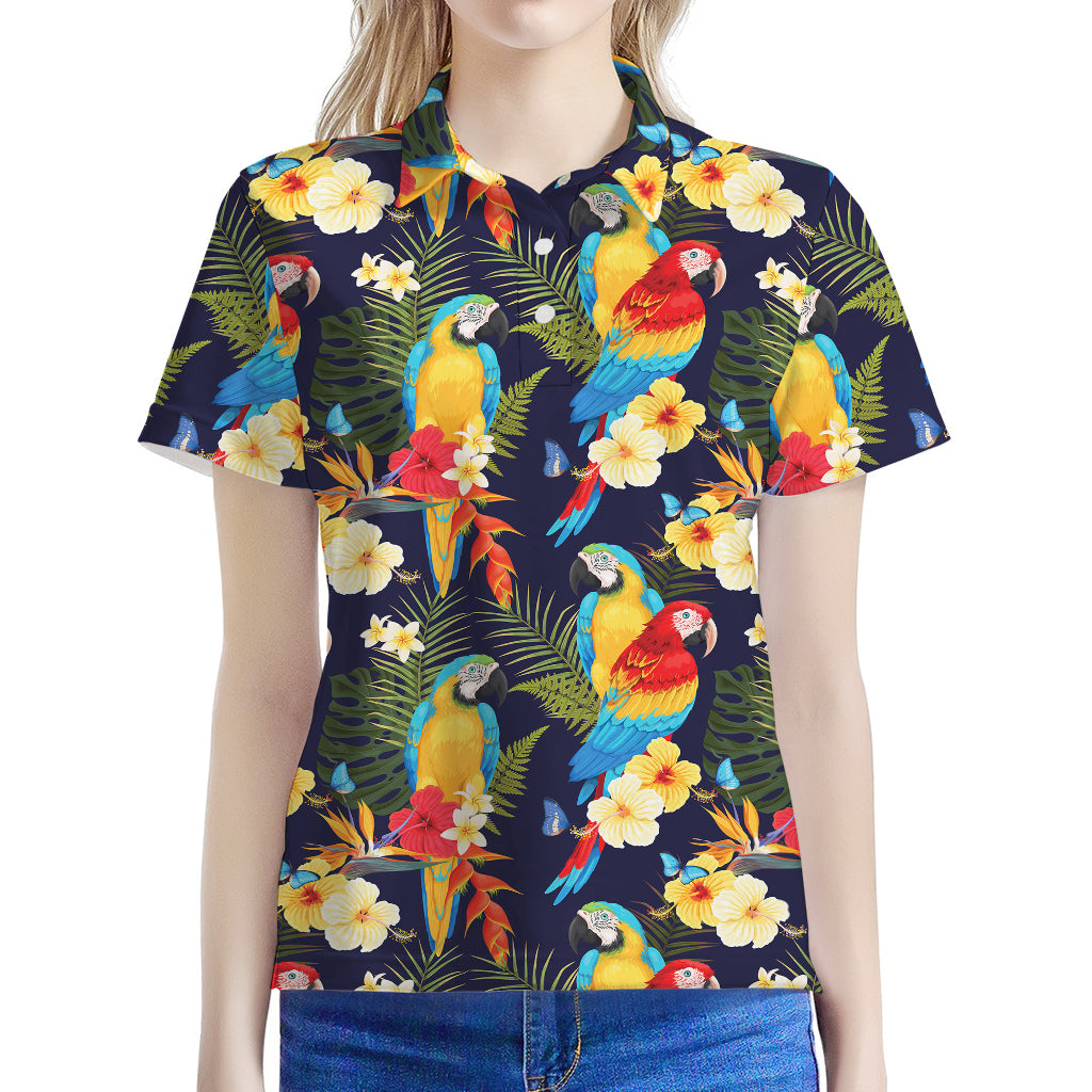 Parrot And Flower Pattern Print Women's Polo Shirt