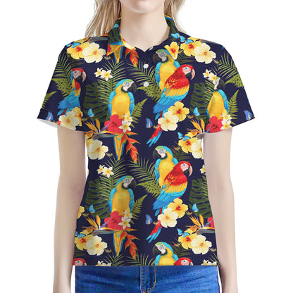 Parrot And Flower Pattern Print Women's Polo Shirt