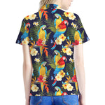 Parrot And Flower Pattern Print Women's Polo Shirt
