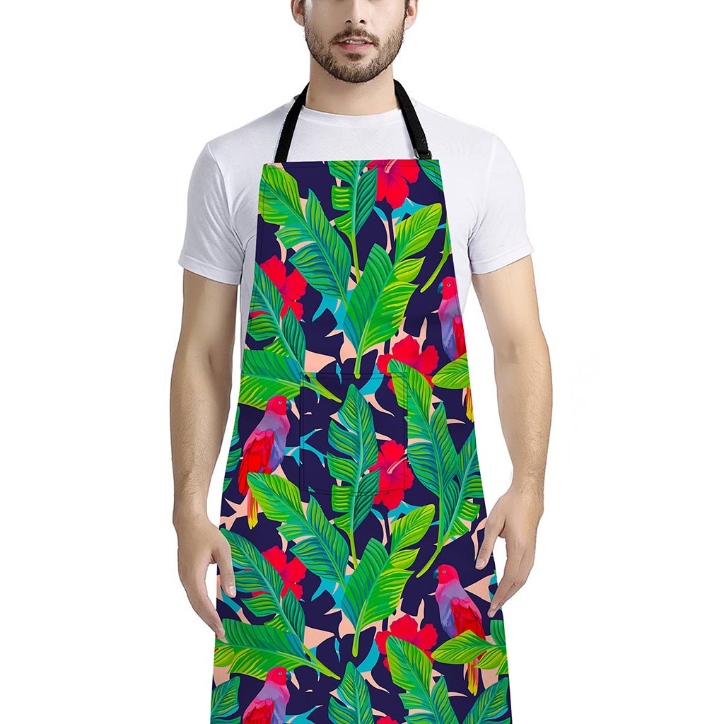 Parrot Banana Leaf Hawaii Pattern Print Bib Apron With Pocket