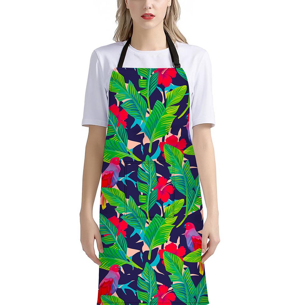 Parrot Banana Leaf Hawaii Pattern Print Bib Apron With Pocket