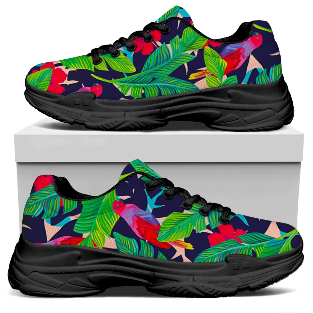 Parrot Banana Leaf Hawaii Pattern Print Black Chunky Shoes