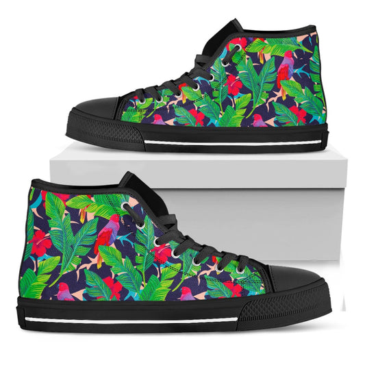 Parrot Banana Leaf Hawaii Pattern Print Black High Top Sneakers