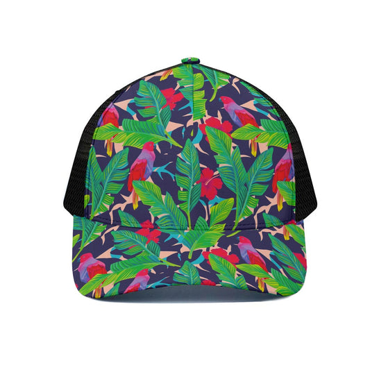 Parrot Banana Leaf Hawaii Pattern Print Black Mesh Trucker Cap