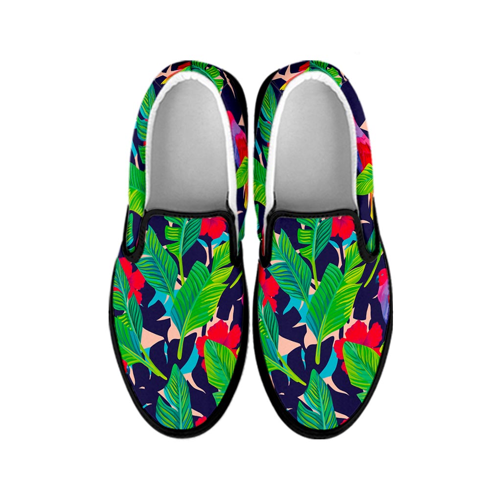 Parrot Banana Leaf Hawaii Pattern Print Black Slip On Sneakers