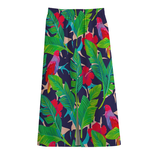 Parrot Banana Leaf Hawaii Pattern Print Cotton Front Slit Maxi Skirt
