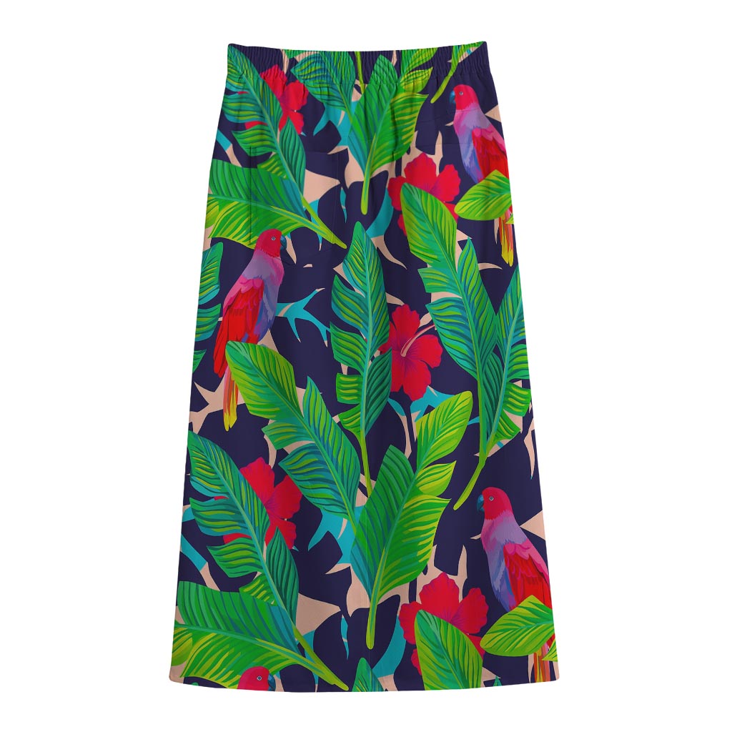 Parrot Banana Leaf Hawaii Pattern Print Cotton Front Slit Maxi Skirt