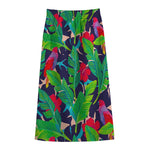 Parrot Banana Leaf Hawaii Pattern Print Cotton Front Slit Maxi Skirt