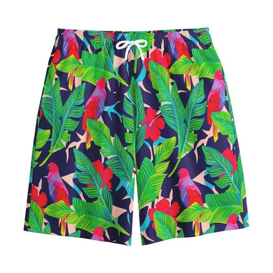 Parrot Banana Leaf Hawaii Pattern Print Cotton Shorts
