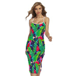 Parrot Banana Leaf Hawaii Pattern Print Cross Back Cami Dress