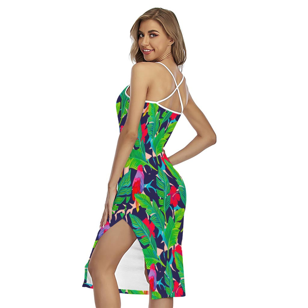 Parrot Banana Leaf Hawaii Pattern Print Cross Back Cami Dress