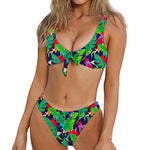 Parrot Banana Leaf Hawaii Pattern Print Front Bow Tie Bikini