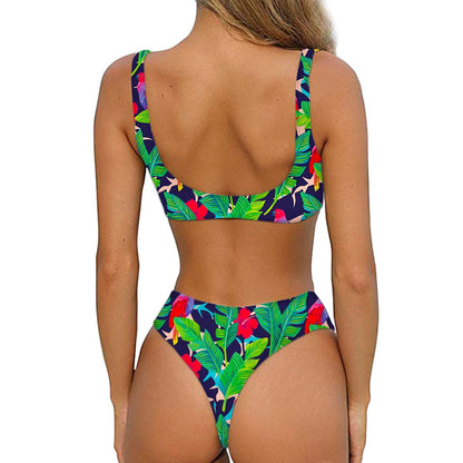 Parrot Banana Leaf Hawaii Pattern Print Front Bow Tie Bikini
