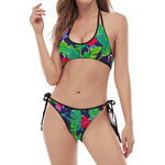 Parrot Banana Leaf Hawaii Pattern Print Halter Scoop Tie Side Bikini