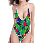 Parrot Banana Leaf Hawaii Pattern Print High Cut One Piece Swimsuit