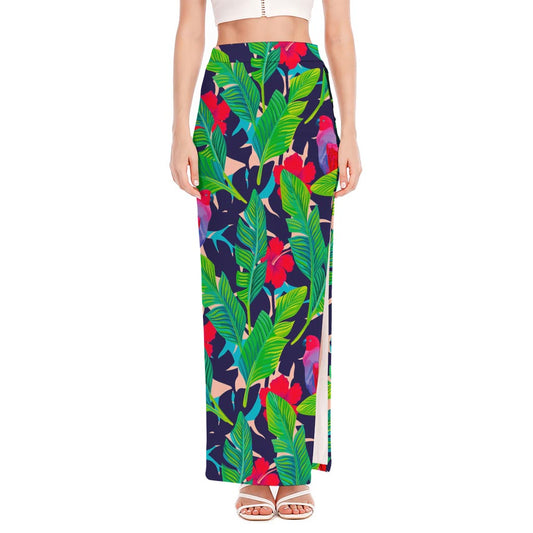 Parrot Banana Leaf Hawaii Pattern Print High Slit Maxi Skirt