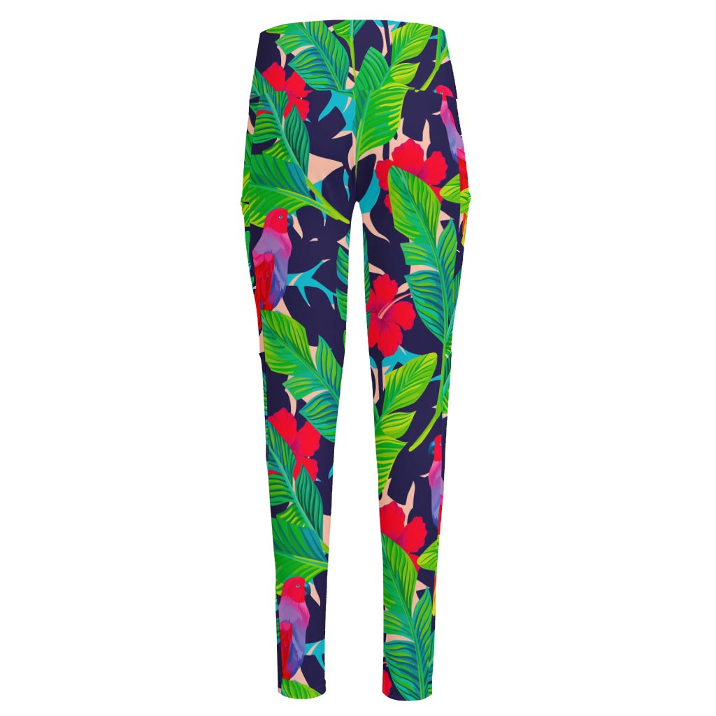 Parrot Banana Leaf Hawaii Pattern Print High-Waisted Pocket Leggings