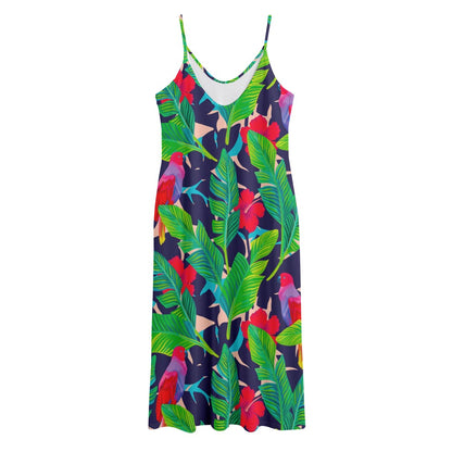 Parrot Banana Leaf Hawaii Pattern Print Jersey Midi Cami Dress