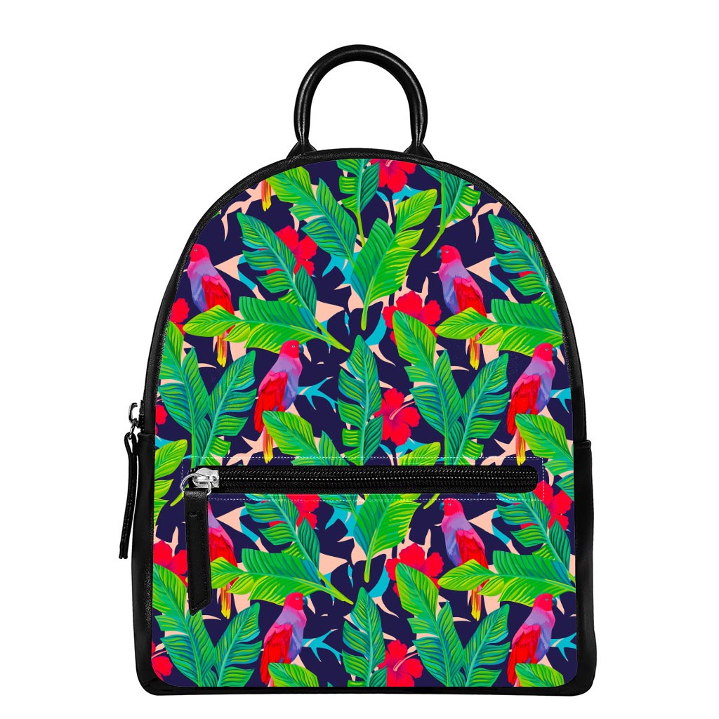Parrot Banana Leaf Hawaii Pattern Print Leather Backpack