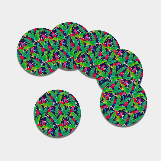 Parrot Banana Leaf Hawaii Pattern Print Leather Coaster Set